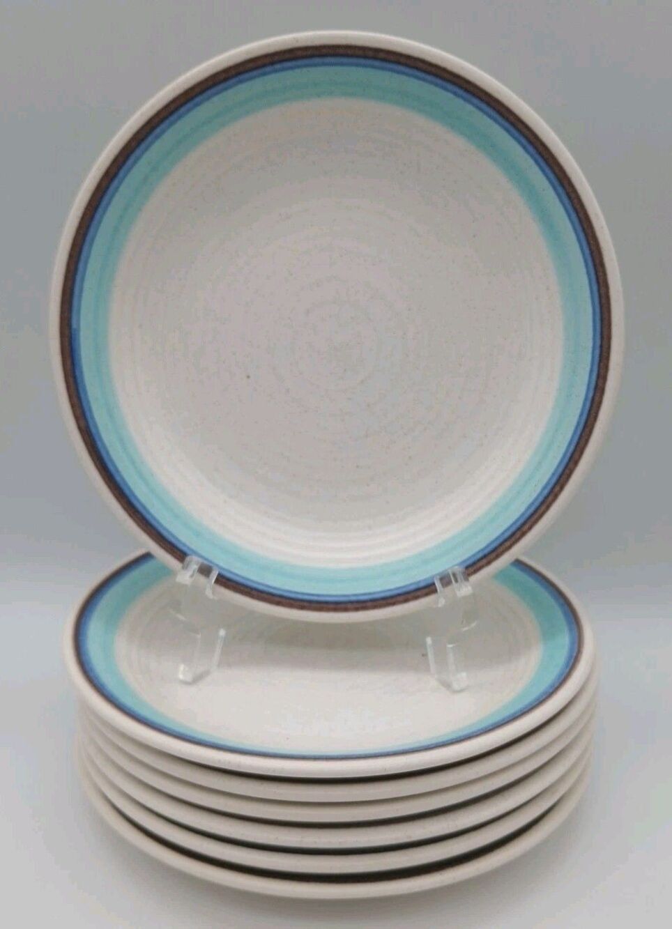7 Vtg Franciscan Malibu Desert Plates Bread Appetizer Blue Brown Rings Stoneware